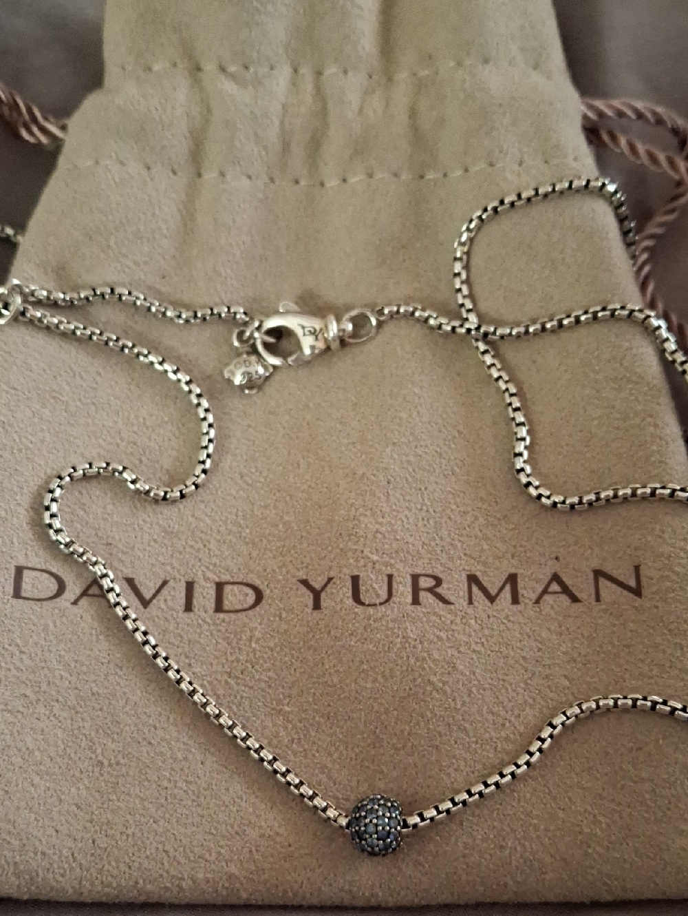 David Yurman Sterling Silver Tone Box Chain Necklace with Sapphire Pave Bead